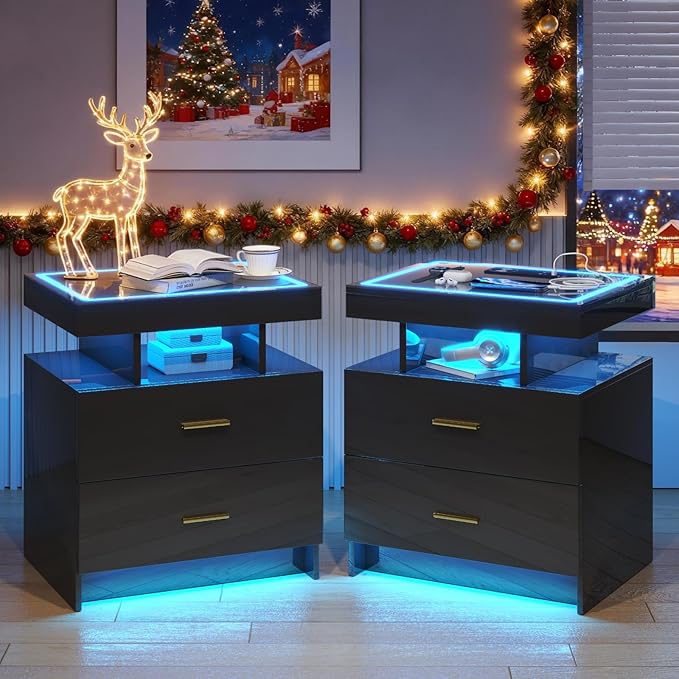LED Nightstand Set 2 with Wireless Charging Station, Glass Top Smart Bedside