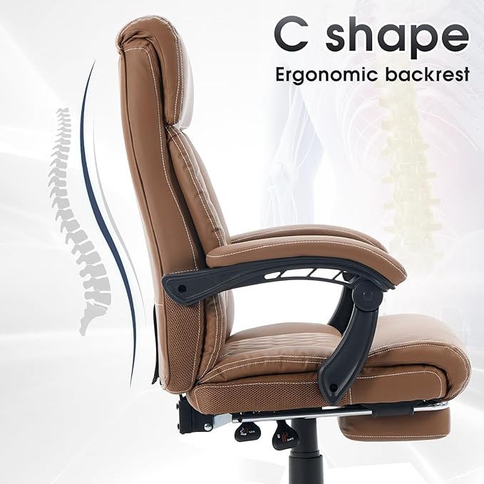 High Back Office Chair with Footrest, 155° Reclining Leather Comfy Desk Chair