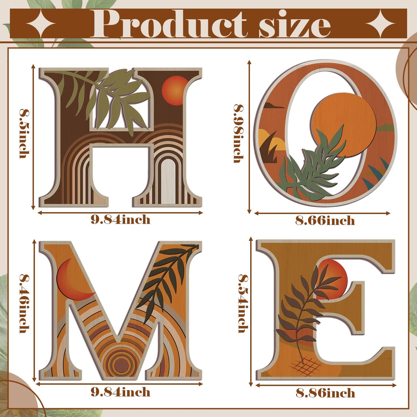 Honoson 4 Pcs Orange Boho Wall Art Decor Aesthetic Wood Home Letters Sign Hanging Orange Abstract Wall Art Rustic Farmhouse Geometric Sun Moon Leaves for Decorative Living Room Kitchen Bedroom