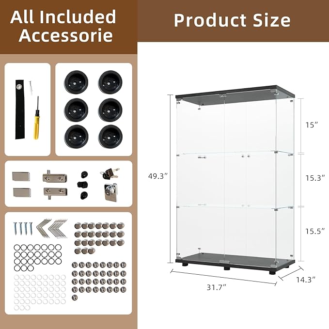 Display Cabinet with Glass Door and Lock, 3-Shelf Fast Installation Curio