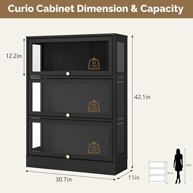 Display Cabinet with Acrylic Glass Doors, 3-Tiers Curio Cabinet with LED