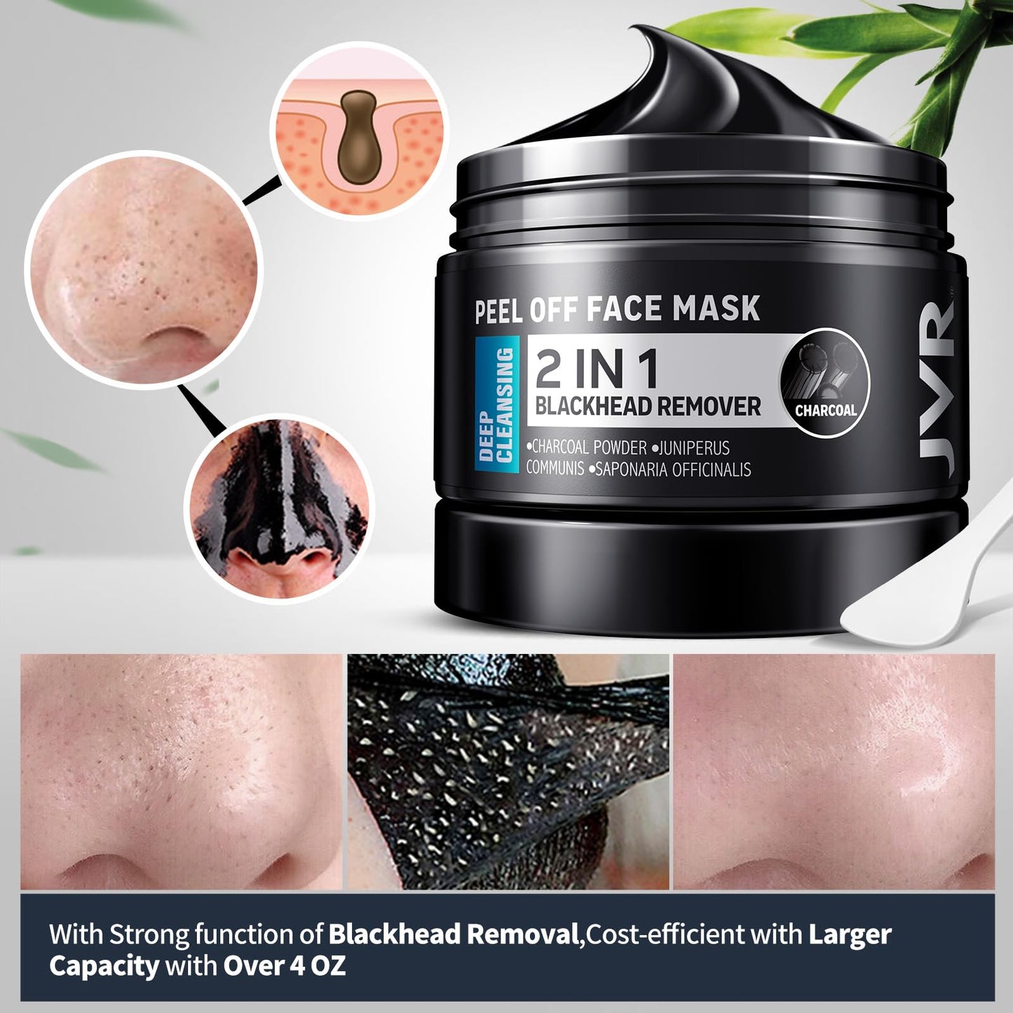 JVR Peel Off Face Mask, Blackhead Remover Mask for Men, Charcoal Peel Off Black Mask, Facial Mask Purifying and Deep Cleansing for All Skin Types 4.23 OZ