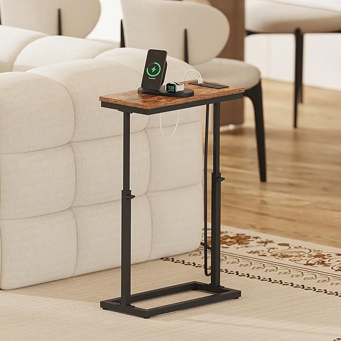 TUTOTAK End Table with Charging Station, Side Table, Tall Couch Table, Sofa
