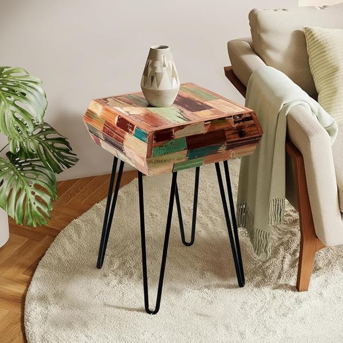 Multicolor Square Wood Drum Side Table 14" x 14" x 20" H Reclaimed Wooden