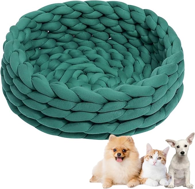 Woven Dog Bed Basket, Knitted Cotton Cat Bed Round Washable Woven Cat Pet Bed Chunky Dog Basket, Orthopedic, Chunky Knit Dog Nest,Dog Bed,Dog Cave,Dog Bedding(Green 1,17")