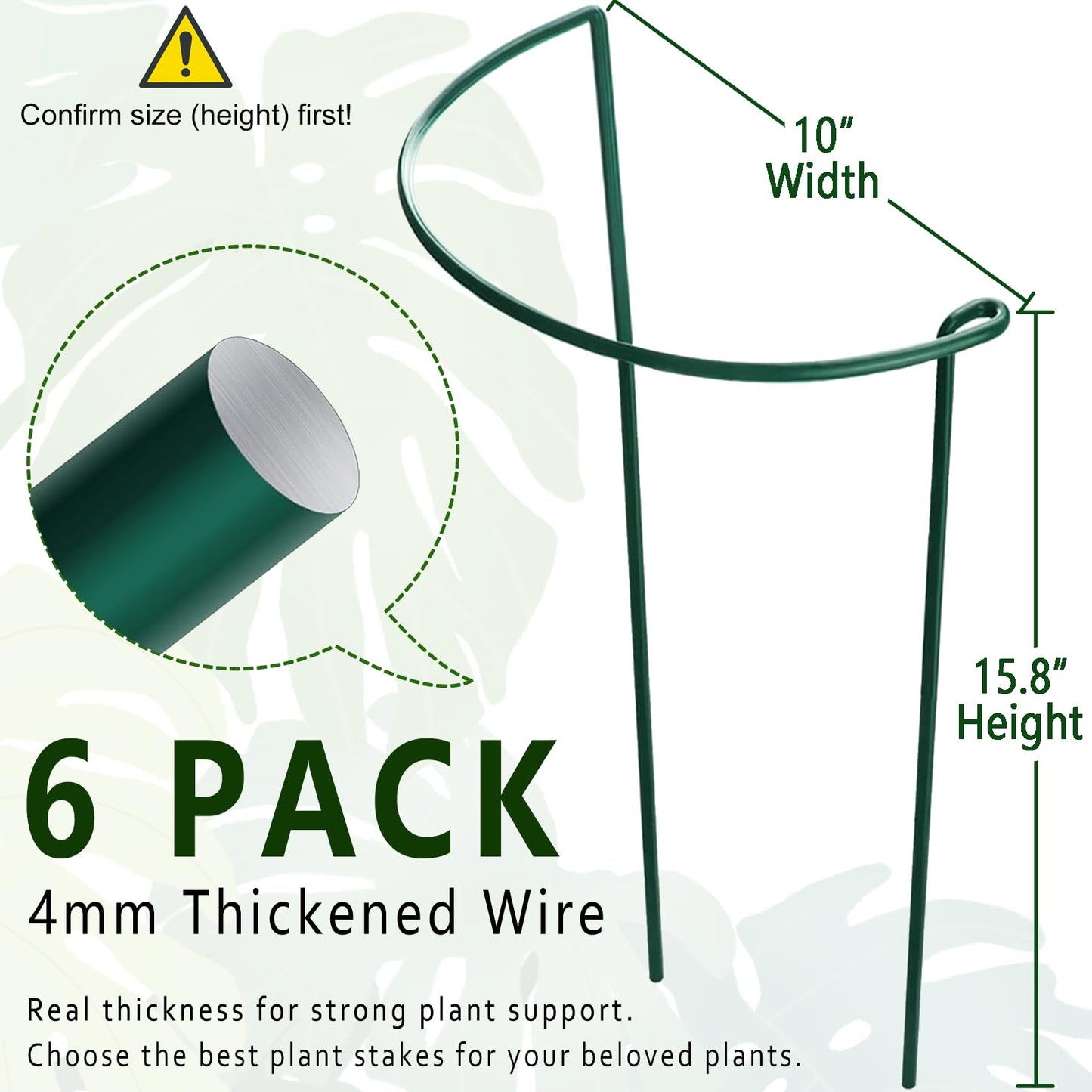 6 Pack Plant Support Stakes, 15.8" Half Round Metal Garden Plant Supports for Indoor Plants, Green Plant Cage Ring for Monstera, Peony, Hydrangea, Potted Plant Holder Sticks (10" Wide)