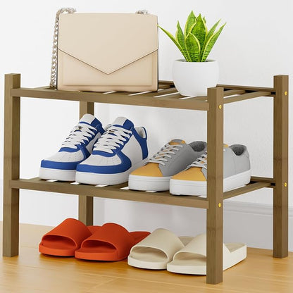 Smiry Small Bamboo Shoe Rack, 2 Tier Free Standing Wooden Shoe Organizer, Stackable Wood Shoe Storage Shelf for Closet, Entryway, 14 Vertical Slats, One-piece Heavy-Duty Legs, 17.3"x11"x13", Walnut