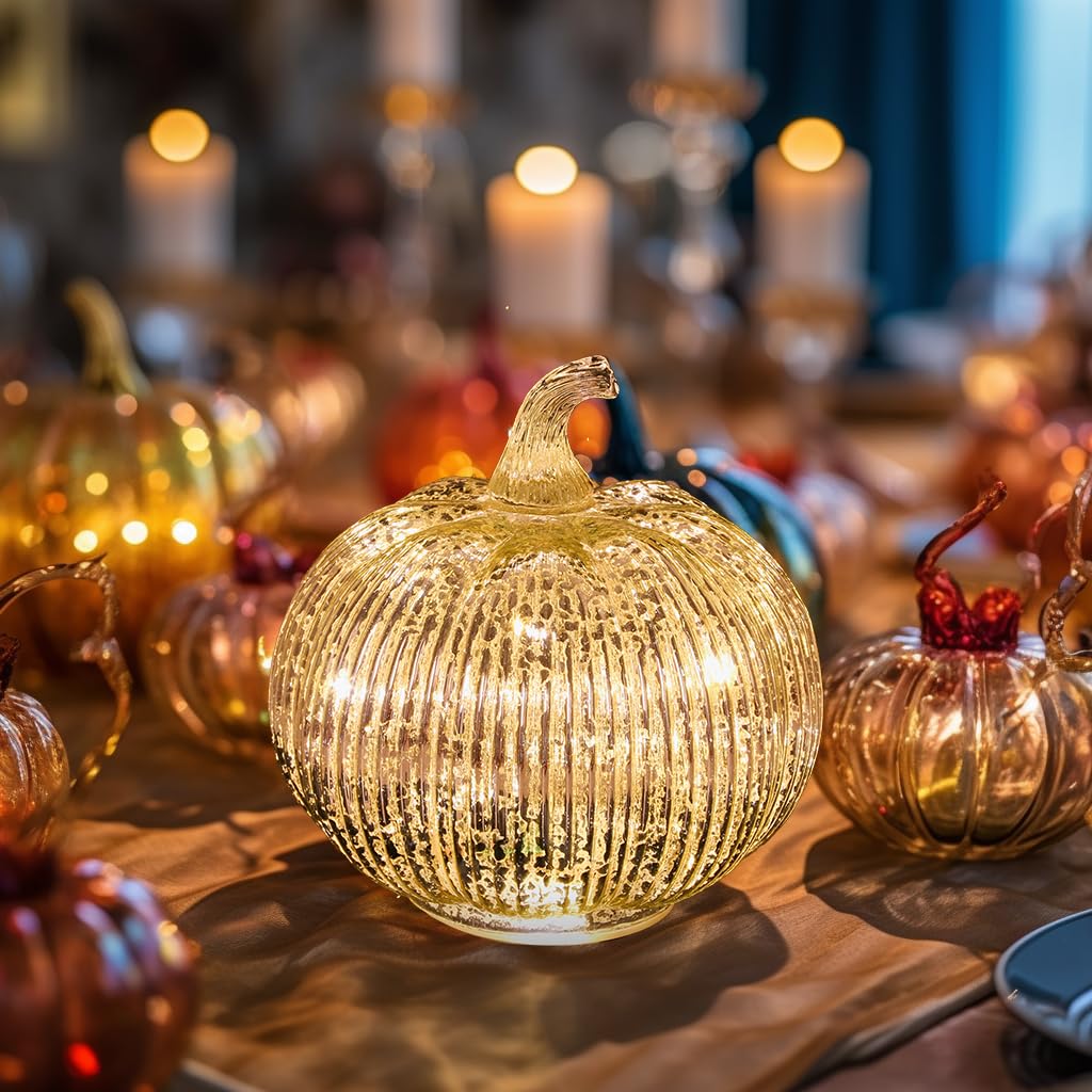 hvfun Mercury Glass Light Up Pumpkin with Timer, Fall Decoration for Home, Silver Halloween Festive Decor Lamp