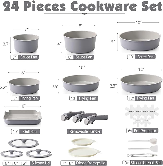SENSARTE 24 Piece Ceramic Pots and Pans Set, Nonstick Detachable Handle Cookware, Induction Kitchen Cookware Set with Removable Handle, Healthy Non Stick for RV, Dishwasher＆Oven Safe, PFOA Free (Gray)