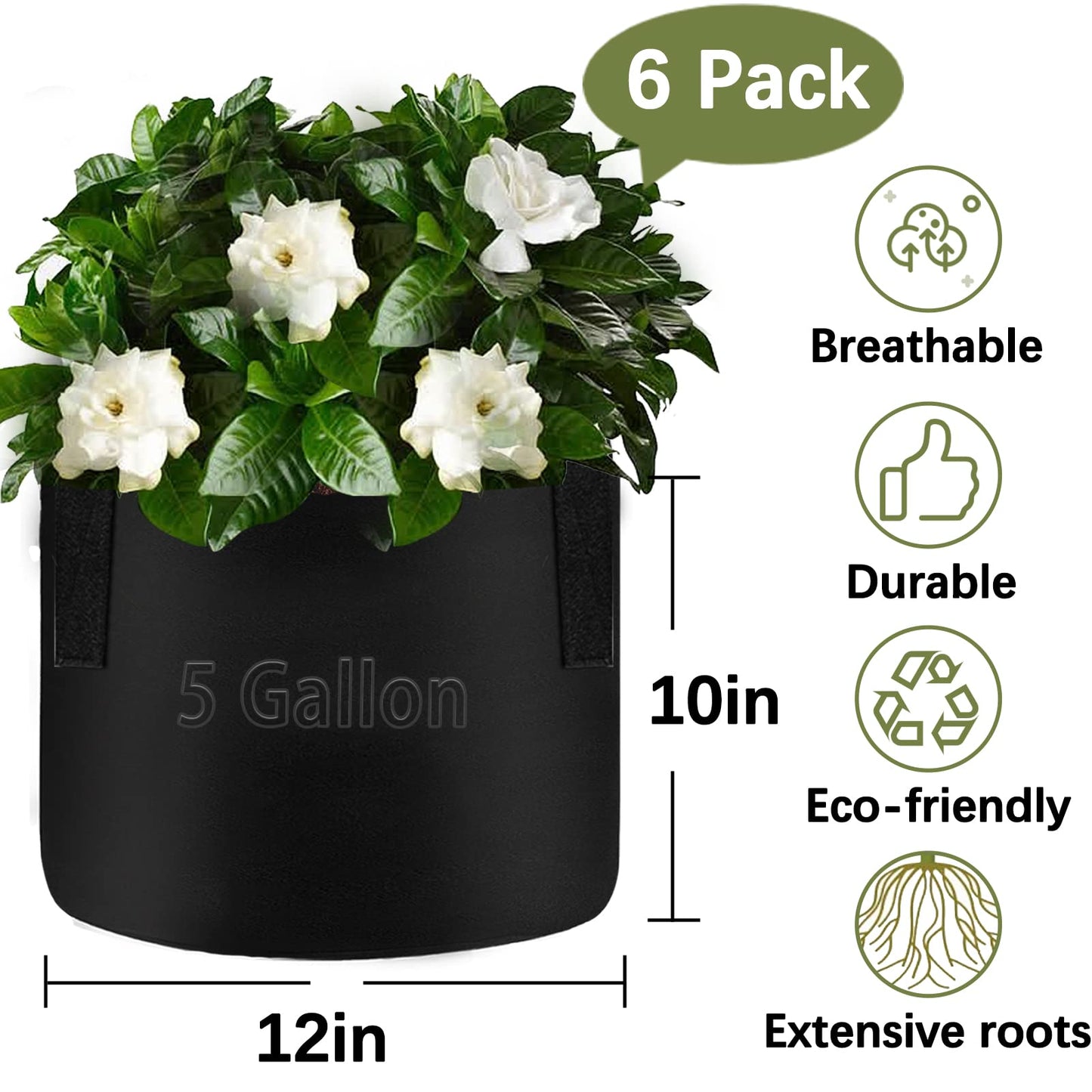 TCBWFY 5 Gallon Grow Bags,6 Pack Heavy Duty Thickened 300g Non-Woven Fabric Pots with Sturdy Handles,Garden Bags to Grow Vegetables Flowers