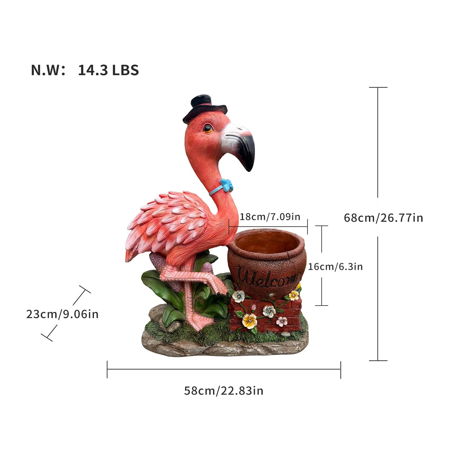 UNOIRNM Flamingo Welcome Planter Garden Statue - with Top Hat & Blue Bowtie – Lifelike 26.8” Tall, Weather-Resistant Resin – Perfect for Outdoor Lawn, Patio, & Porch Décor – Black top hat