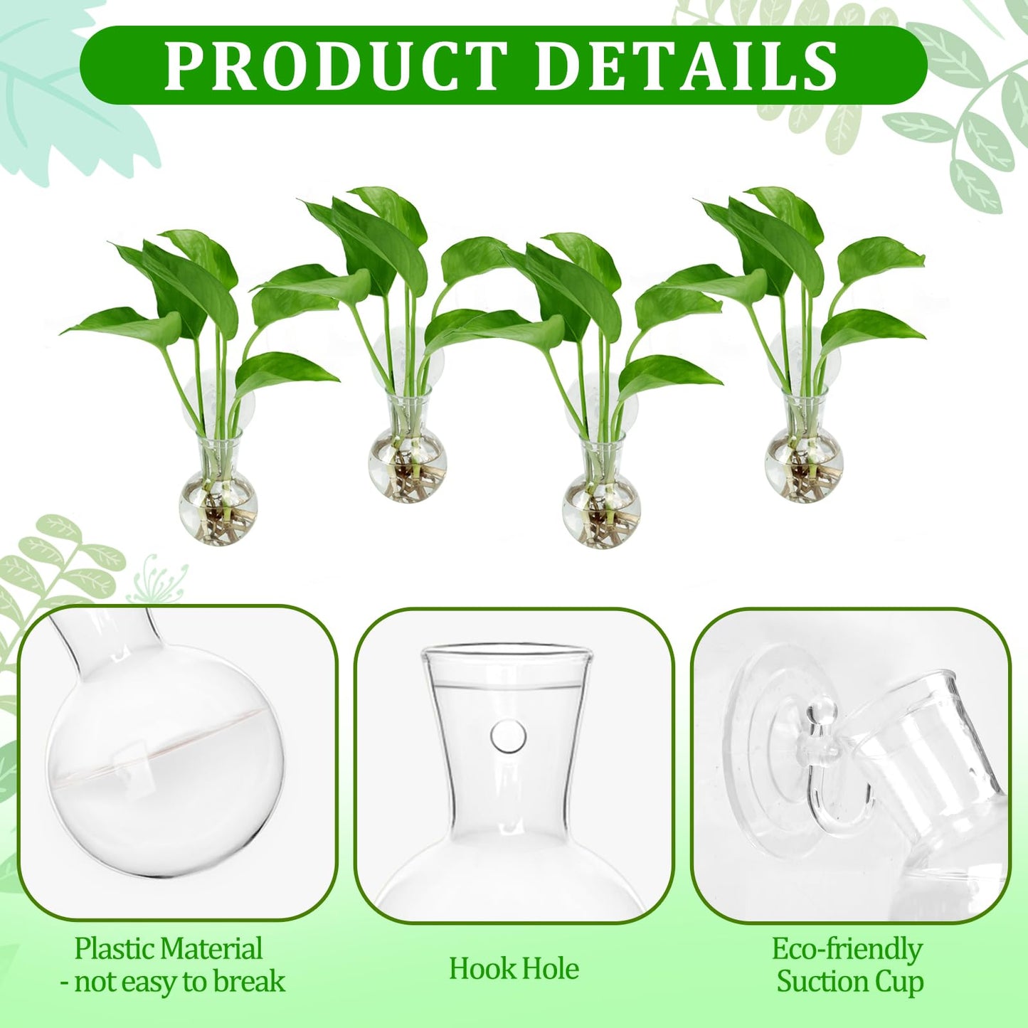 Bunmery 4 pcs Window Propagation Stations, Suction Cup Plastic Plant Propagation Bulbs, Easy to Install Wall Hanging Planter, No Nails Plastic Plant Terrarium Vase