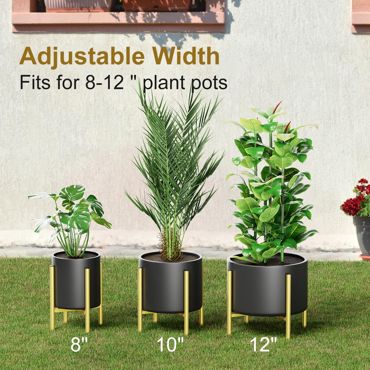 H HOMEXIN Metal Plant Stands for Indoor Plants Adjustable for 8 9 10 11 12 inches Planter Mid Century Stable Stylish Corner Plant Stand for Outdoor, Gold 1Pack, Pot not Included