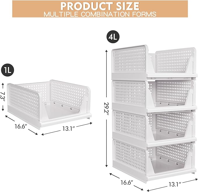 4 Pack Stackable Closet Storage Basket