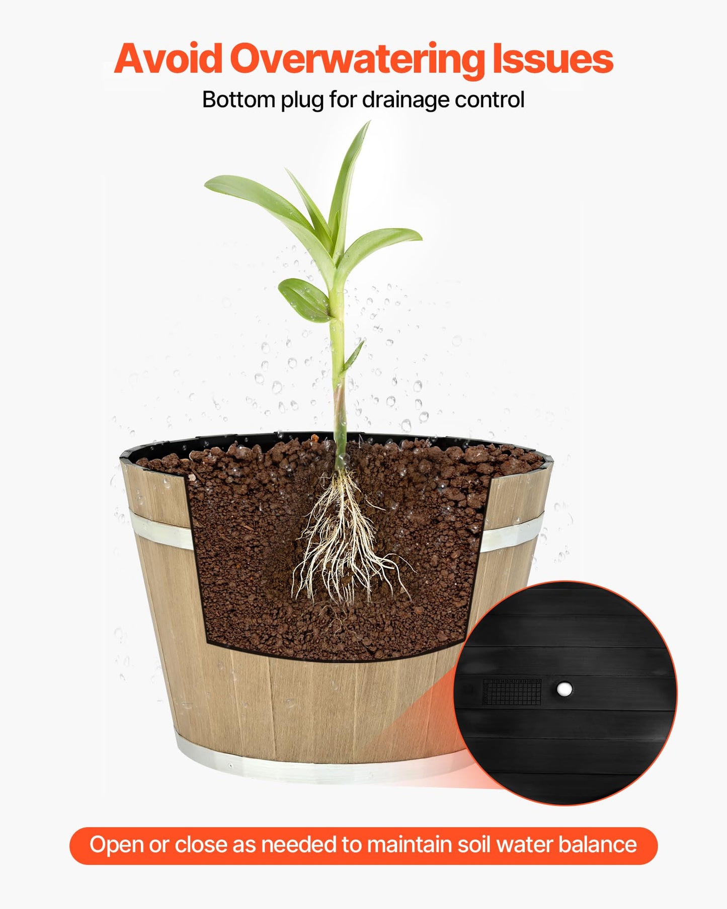 VEVOR Plant Pots, 4 Pack 11.81 inch Whiskey Barrel Planters with Drainage Holes, Large Outside Plastic Decoration Flower Pot Imitation Wine Barrel Design for Indoor Outdoor Garden Home Plants, Brown
