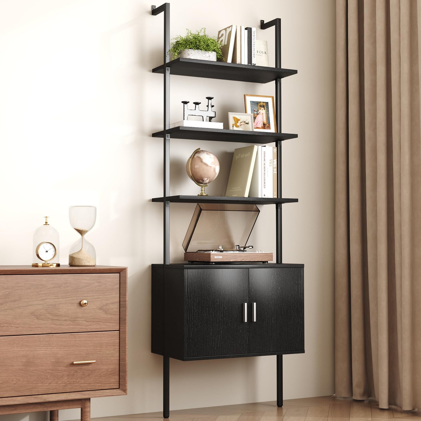 Yusong 73" Tall Bookshelf with Cabinet, Industrial Ladder Wall Mount Shelf Bookcase with Wood and Metal Frame, Plant Shelf Wall Storage Display for Living Room Bedroom, Black Wood Grain