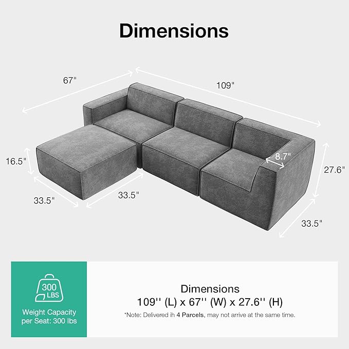Novilla 109" Modular Sectional Sofa, No Assembly Cloud Sectional Couch