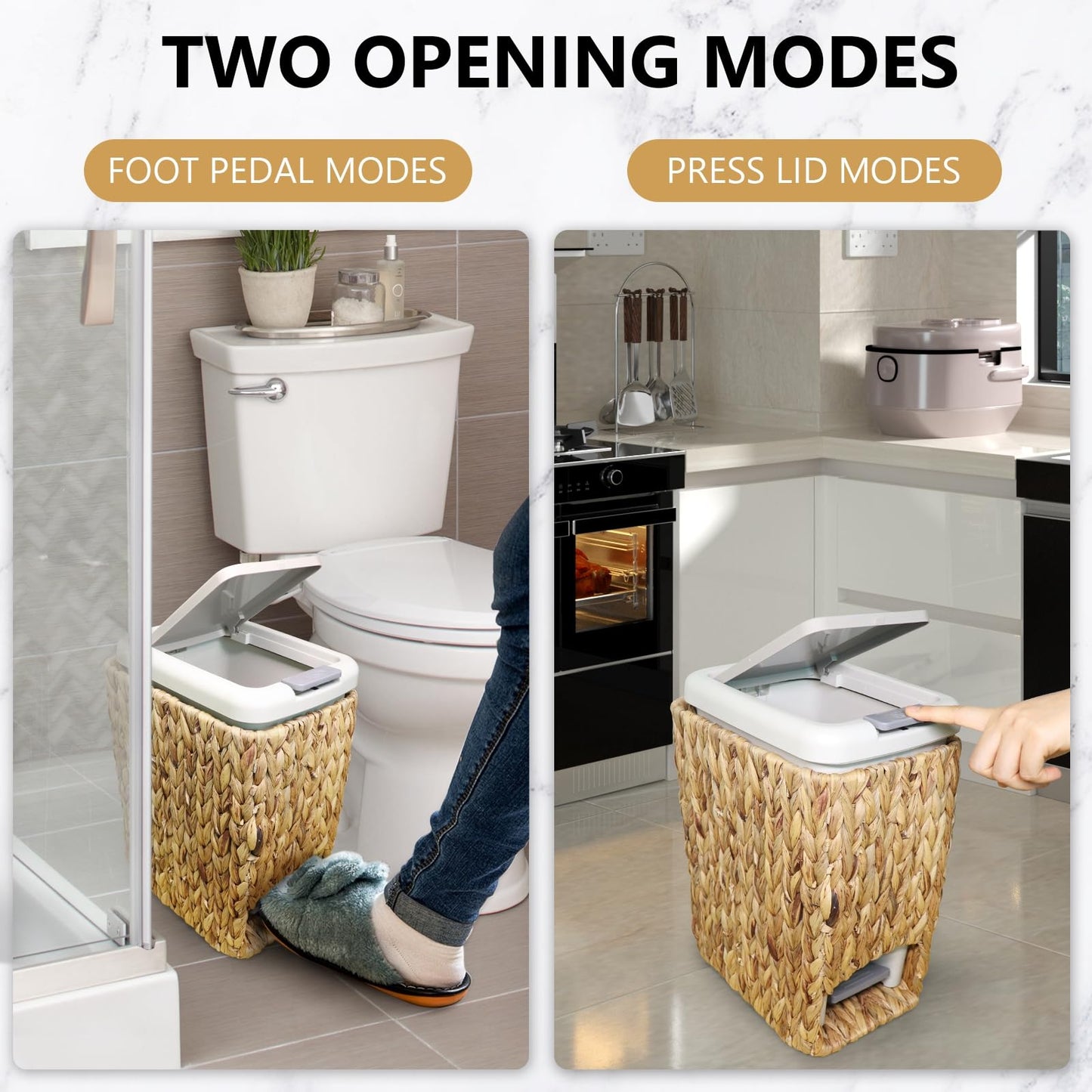 Oranwell Slim Bathroom Trash Can with Lid, 3 Gallon Small Trash Garbage Can Narrow Rubbish Waste Bin Basket with Press Top Step On Wicker Slim Wastebasket Wastepaper Basket for Bath Bedroom Office