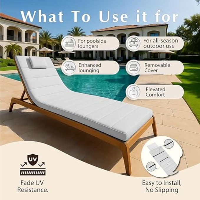 Quilted Chaise Lounge Outdoor Patio Furniture Cushions | Water-Resistant Patio