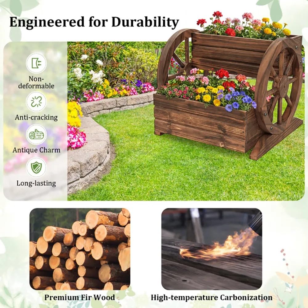 Piler Rustic 2-Tier Wooden Wagon Planter, Carbonized Fir Wood, Coffee Color, Raised Garden Bed with Wagon Wheel Design, 18 x 17.5 x 14 Inches, for Flowers, Herbs and Vegetables