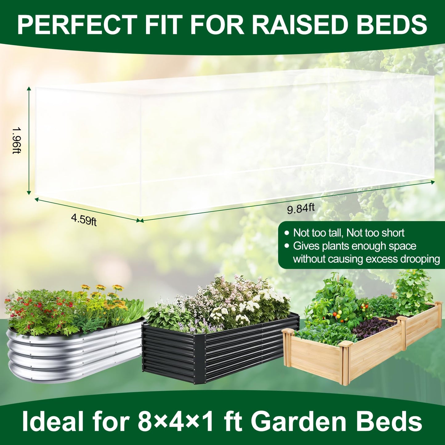 2 Pack Garden Netting for 8x4FT Raised Beds, Ultra-Fine Mesh Plant Covers with Drawstring, Bird, Pest & Small Animal Barrier for Vegetables, Fruits & Flowers
