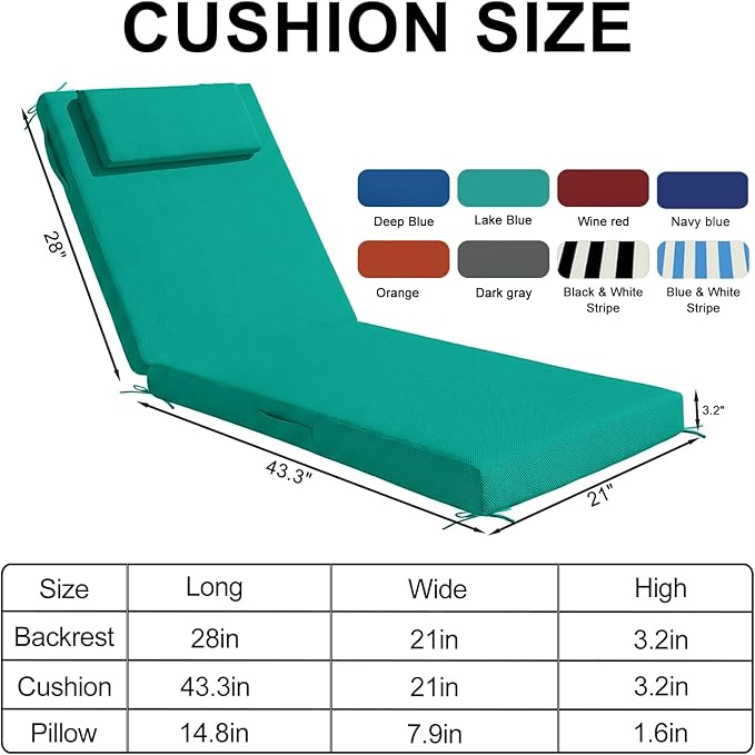 Outdoor Chaise Lounge Cushions, 71x21 Inch Olefin Water & Fade Resistant Pool