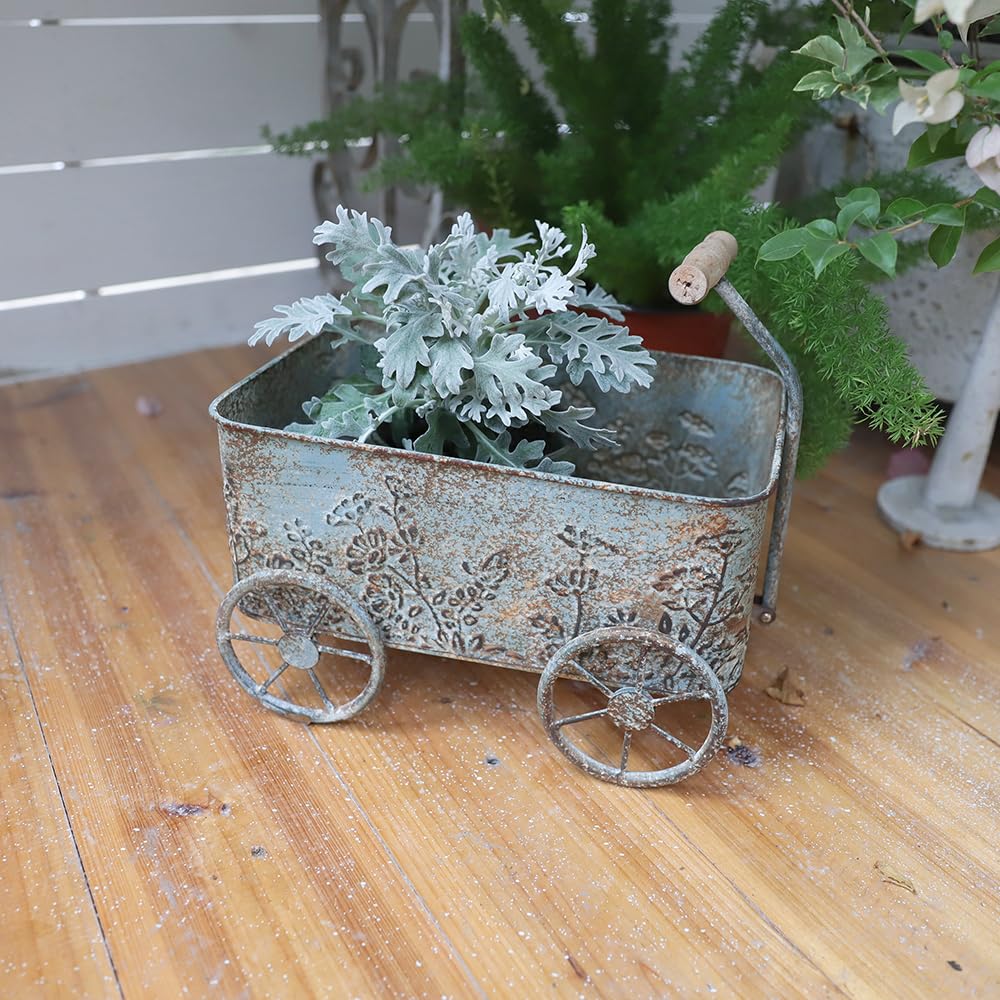 Zokyntrix Flower Cart with Wooden Handles, Metal Wagon Planters for Outdoor Plants, Garden Planter with Wagon Wheels, Decorative Wheelbarrow, Plant Cart for Patio Garden Balcony (Blue)