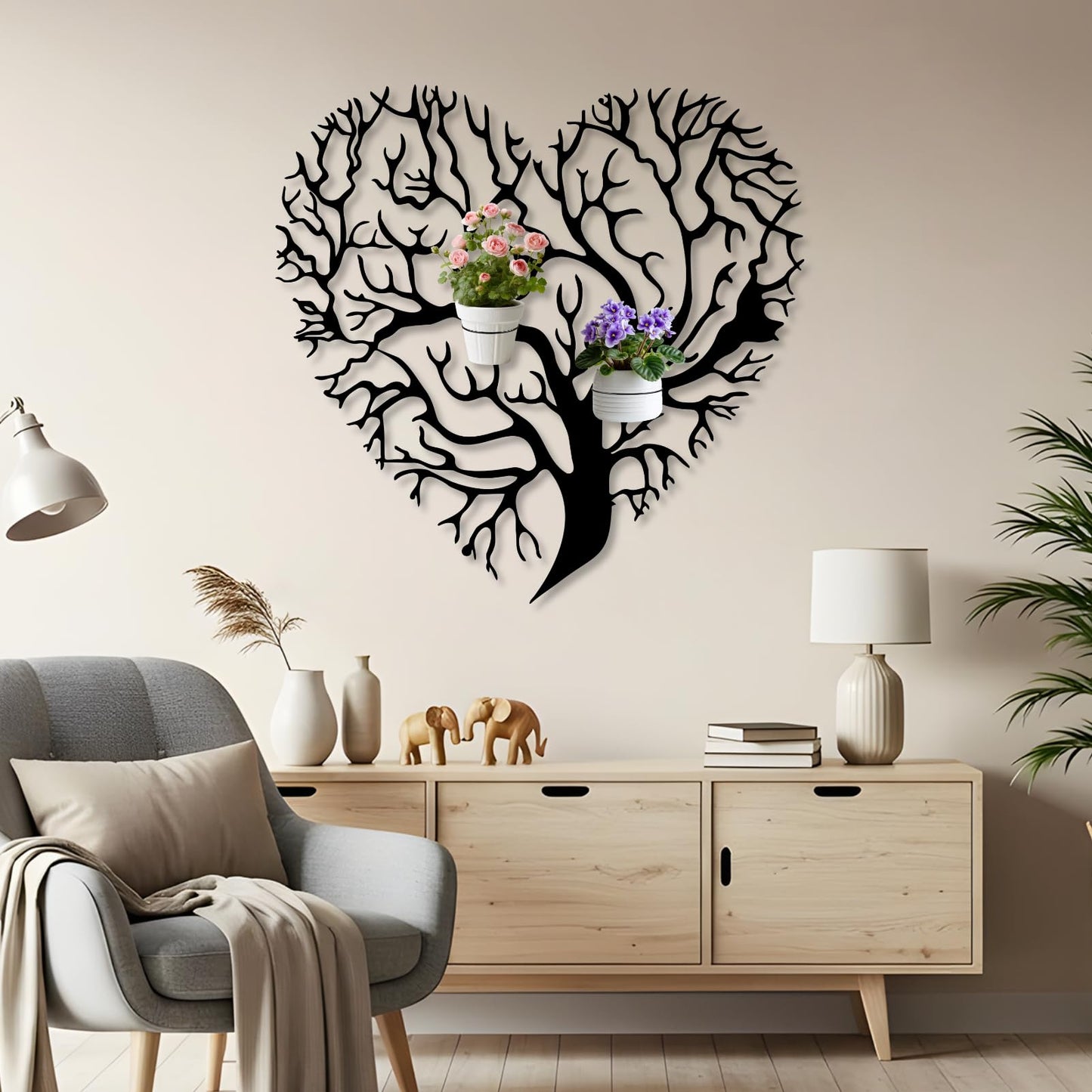OZF Tree of Life Metal Wall Mounted Plant Holder, Tree Heart Wall Hanging Plant Holder, Branch Metal Plants Stand for Living Room (Black, 18"x 18"| 48x47cm, 2 Pack 8" Flower Pot Holder Ring)