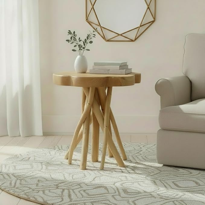 WELLAND Solid Teak Live Edge End Table, Small Accent Table, Plant Stand