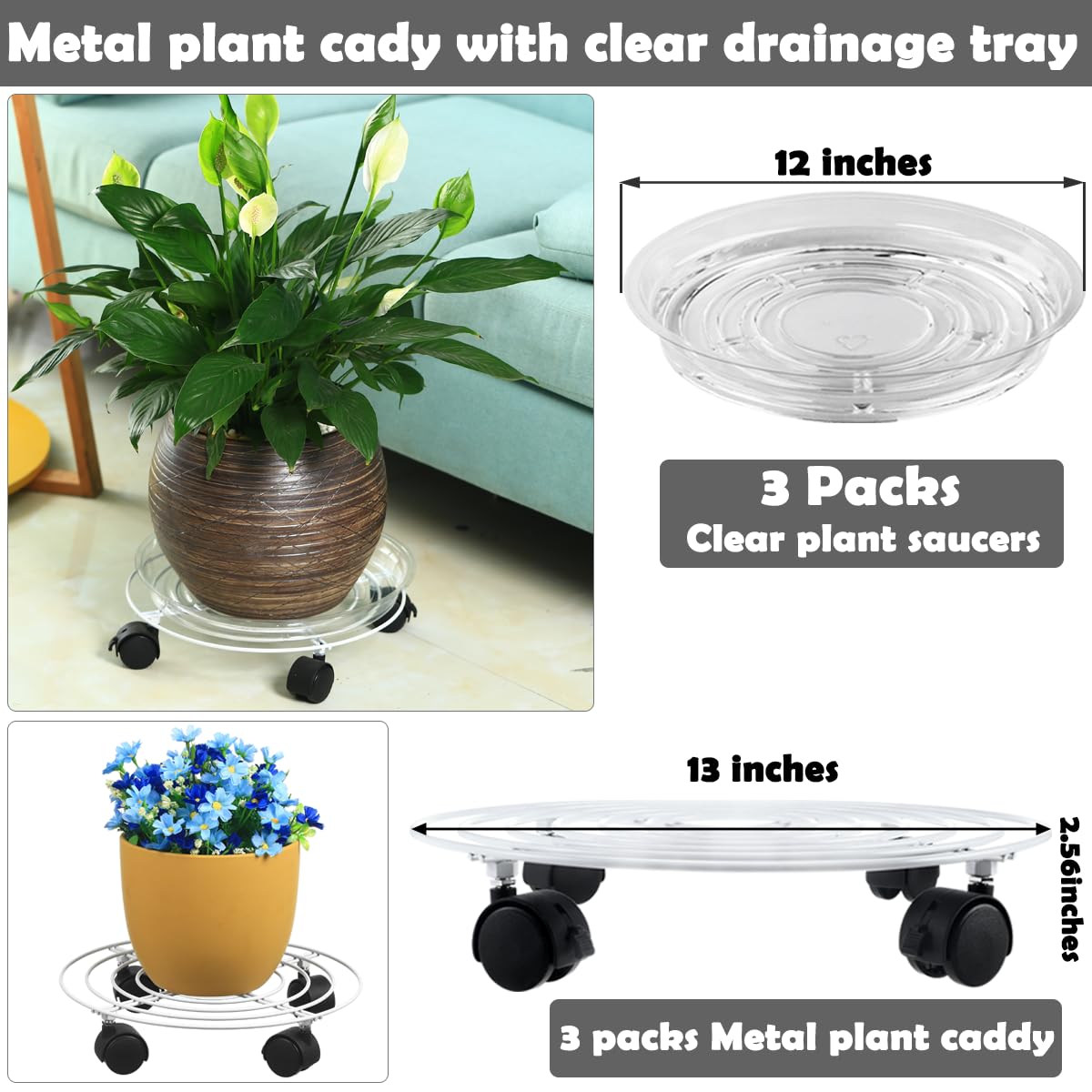 3 Packs Large Metal Plant Caddy with Wheels 13" Heavy-Duty Wrought Iron Rolling Plant Stands with Casters Plant Dolly Plant Roller Base for Indoor and Outdoor Plant Pot Movers Saucers White