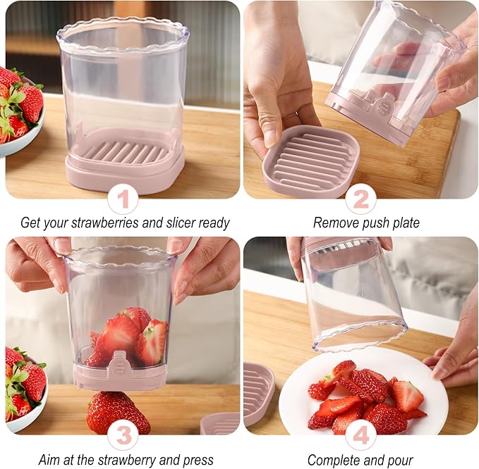 Strawberry Slicer：Fruit Slicer Cup Veggie Salad Speed Cutter for Strawberries Egg Banana Mushroom Cucumber Kiwi the Kitchen Portable Slicing Tool (Pink)
