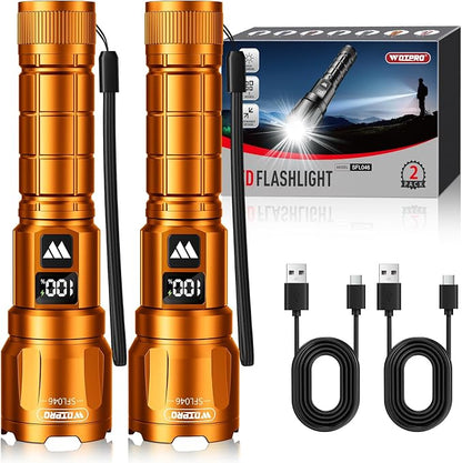 Wdtpro LED Rechargeable Flashlight 2 Pack, 3 Modes Super Bright High Lumens Flashlights, Zoomable Tactical Flash Light with LCD Display, IP65 Waterproof Flashlights for Home Emergency Camping - Orange