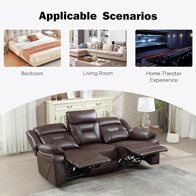 EBELLO Faux Leather Manual Reclining Sofa, 3 Seat Recliner Sofa Chair, Couch