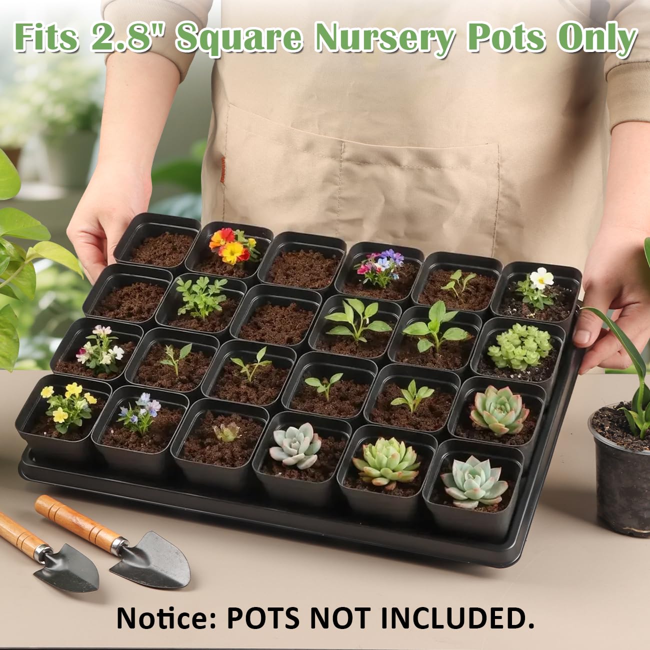 RooTrimmer 24 Cell Nursery Pots Trays 10 Pack (17"x11"x1.6"), Reusable Plastic Plant Pot Tray with Drain Holes, Carrying Seed Starter Tray for Holding 2.8 inch (7CM) Square Nursery Pots (Black)