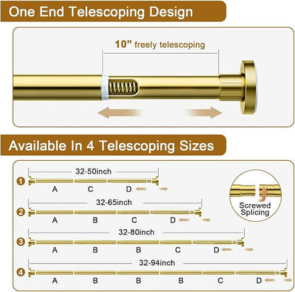 Ausemku Shower Curtain Rod 32-65 Inch Adjustable - 1 Inch Diameter Heavy Duty No drill Spring Tension Shower Rod, Non-Slip Rustproof Telescopic Rod for Bathroom, Gold