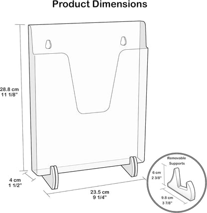 Acrimet Pocket File Holder Vertical Design Brochure Display (for Wall Mount or Countertop Use) (Removable Supports Included) (Letter Size) (Clear Crystal Color)