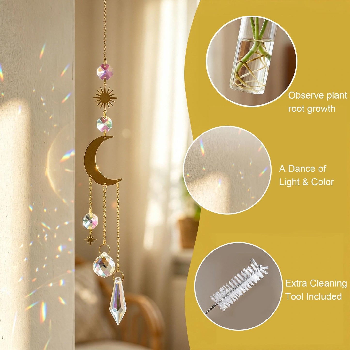 HDCRYSTALGIFTS 6 Pcs Crystal Suncatchers with Plant Propagation Station,Glass Window Wall Planters for Indoor Plants Hydroponics, Hanging Sun Catcher with Chain for Home Garden Whimsical Decor
