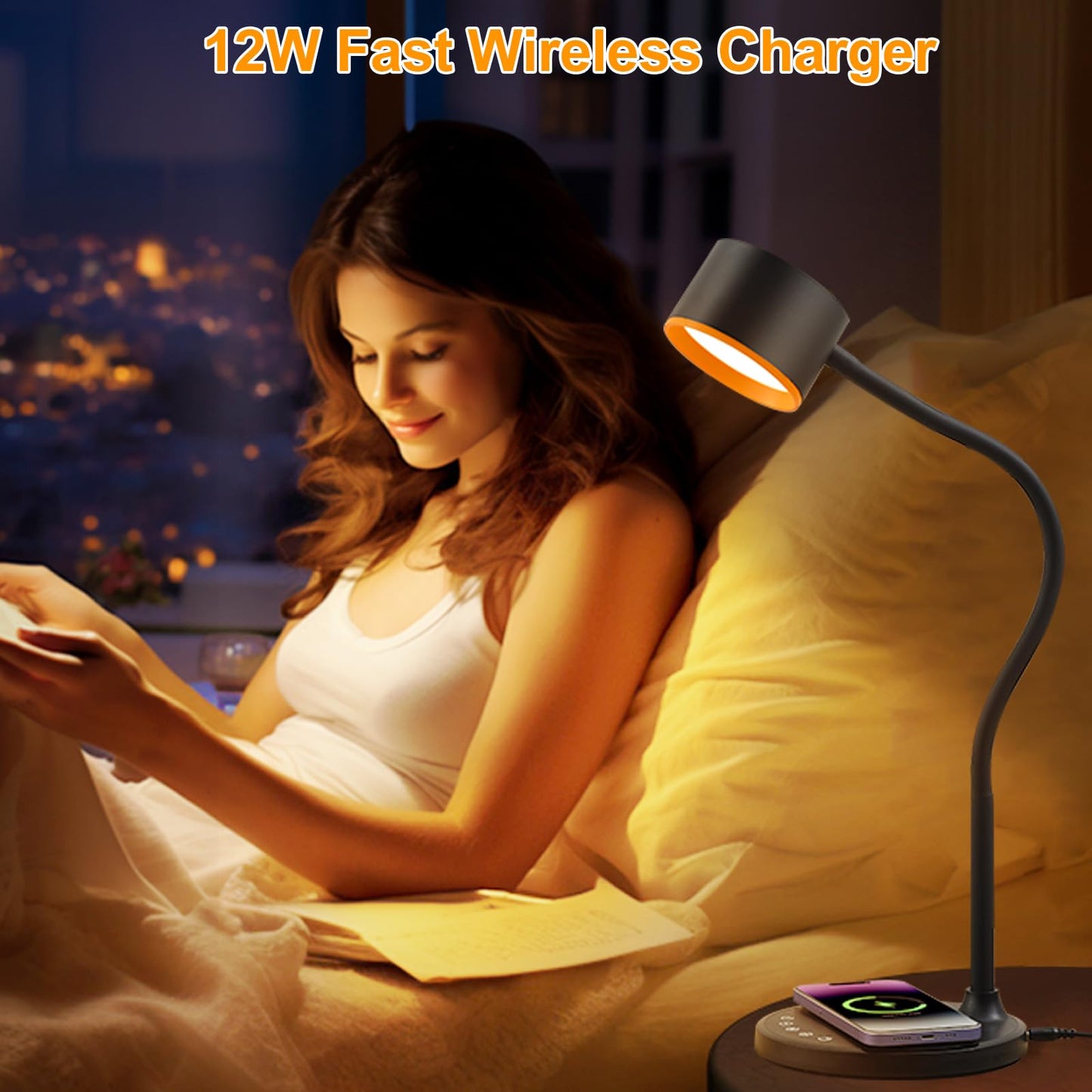 LED Desk Lamp with Wireless Charger, USB C + A Charging Ports, Eye-Caring Metal Bedside Lamp, 5 Colors Stepless Dimmable Reading Lamp, Touch Table Lamp Gooseneck Lamp for Home Office Dorm Black