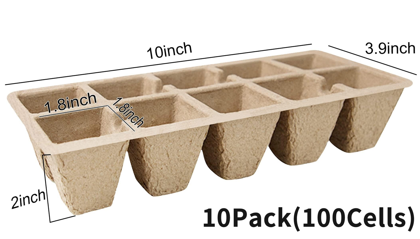 SYITCUN Seed Starter Tray 100 Cells, Biodegradable Peat Pots for Seedlings, 10 Pack 1.8" Square Pulp Nursery Cups with 100 Plant Labels and 2 Transplant Tools for Vegetable Herb