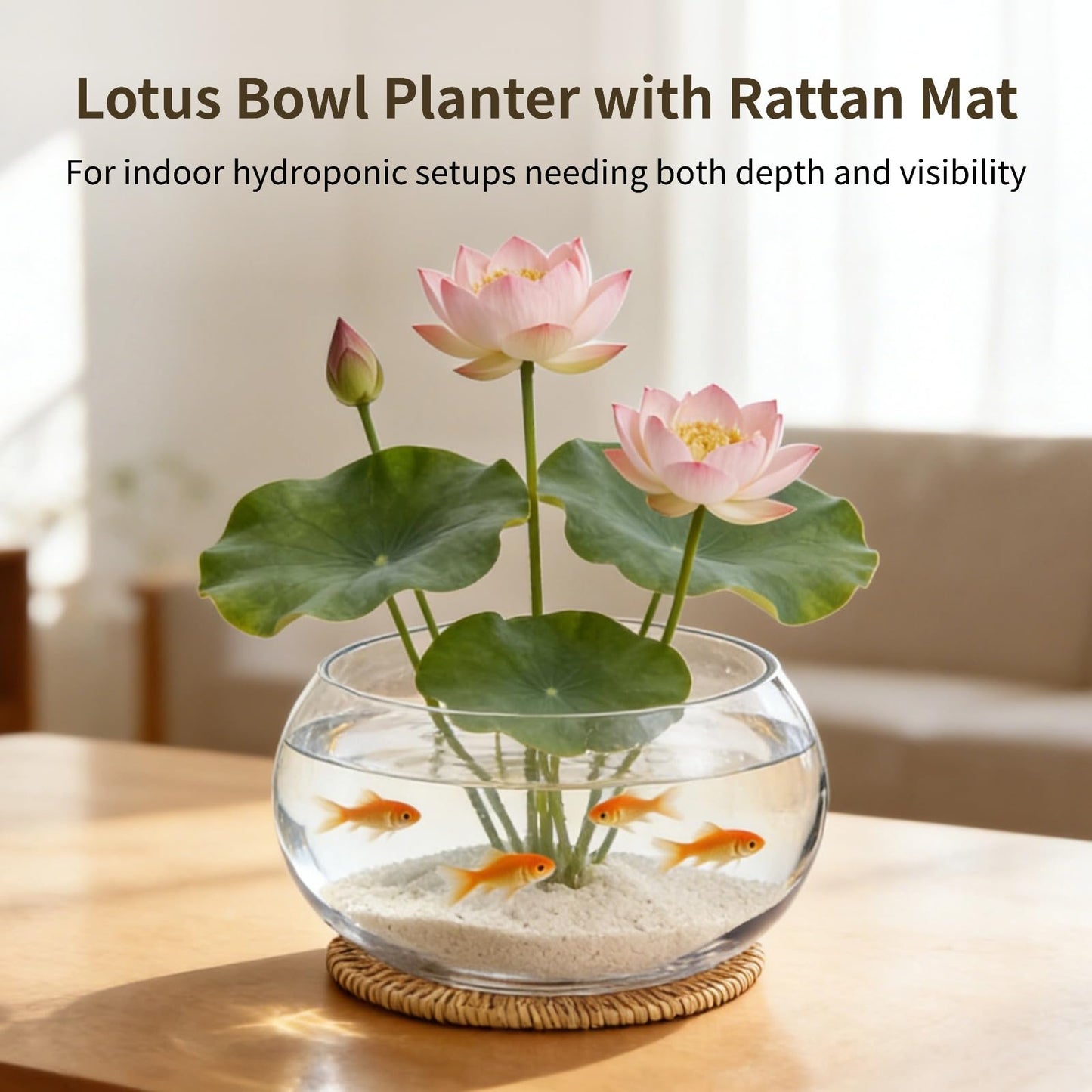 Lotus Bowl Planter with Rattan Mat - 10 in Round Glass Vase Bowl Hydroponic Lotus Planter Pot Propagation Vases Fish Bowl for Water Greens, Transparent Decorative Lotus Pot, Fish Tank