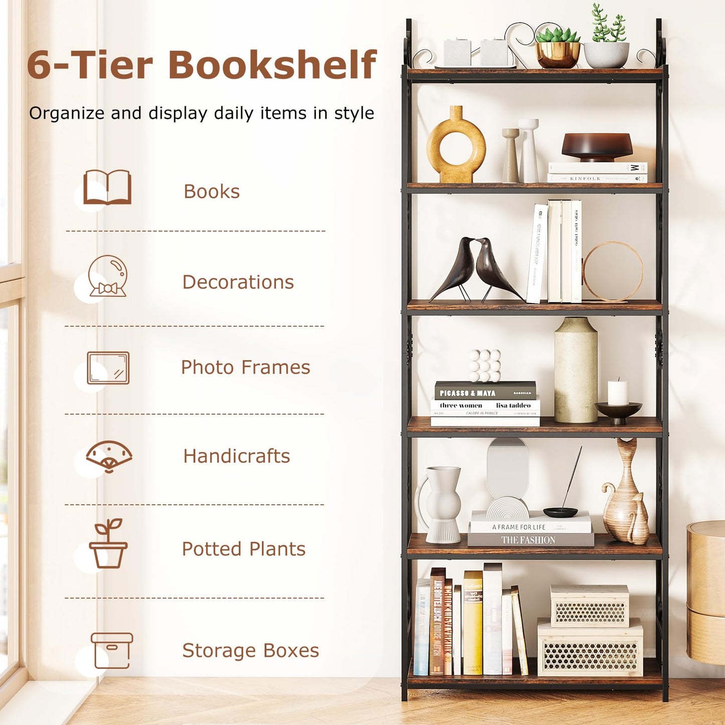 GOFLAME 6-Tier Tall Bookshelf, 71.5” Classic Bookcase with Open Shelves, Metal Frame, Plant Stand, Industrial Display Rack Shelving Unit for Home Office, Living Room, Rustic Brown & Black (2)