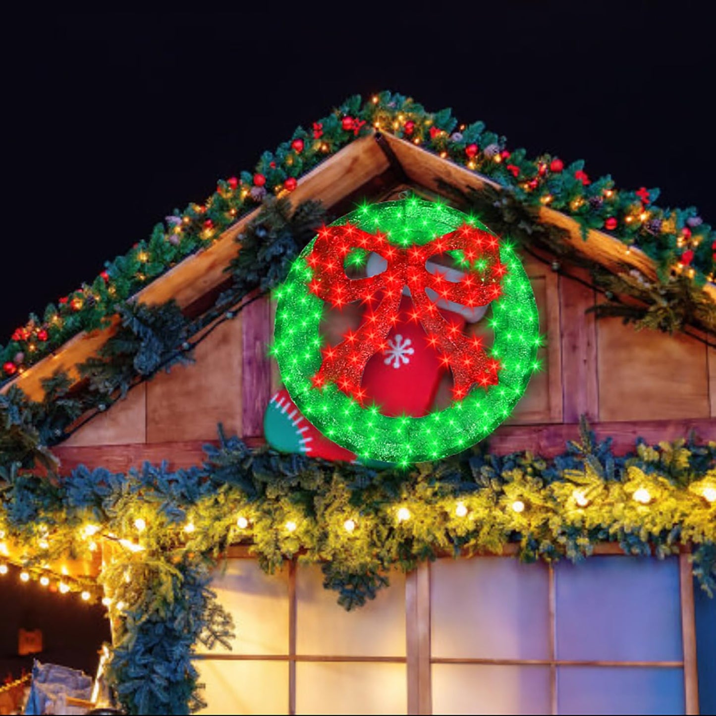 Outdoor Christmas Wreath Decoration - 36" Bright LED Christmas Wreath Lights with Bow, Large Lighted Christmas Wreaths Window Lights for Wall, Windows, Front Door Decor, Red Bow - Green Wreath