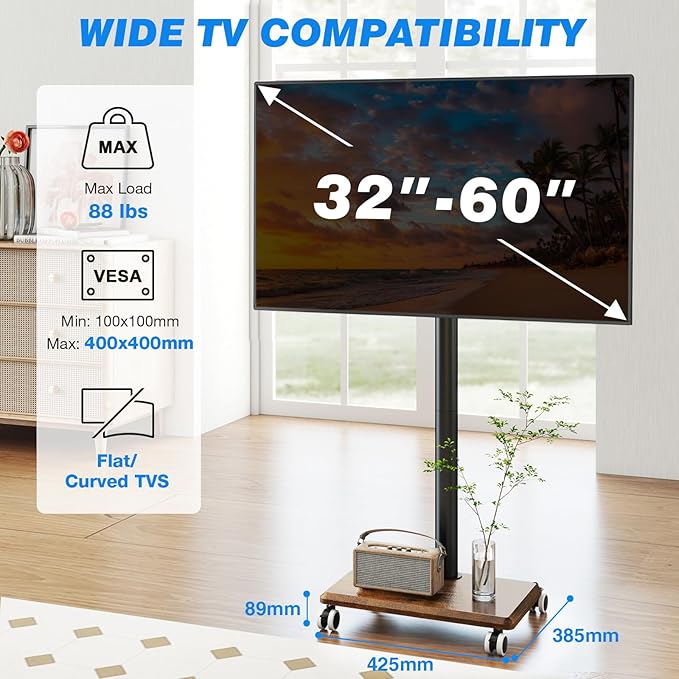 Rfiver Rolling TV Stand for 32 to 55 60 Inch TVs up to 88lbs, Height Adjustable