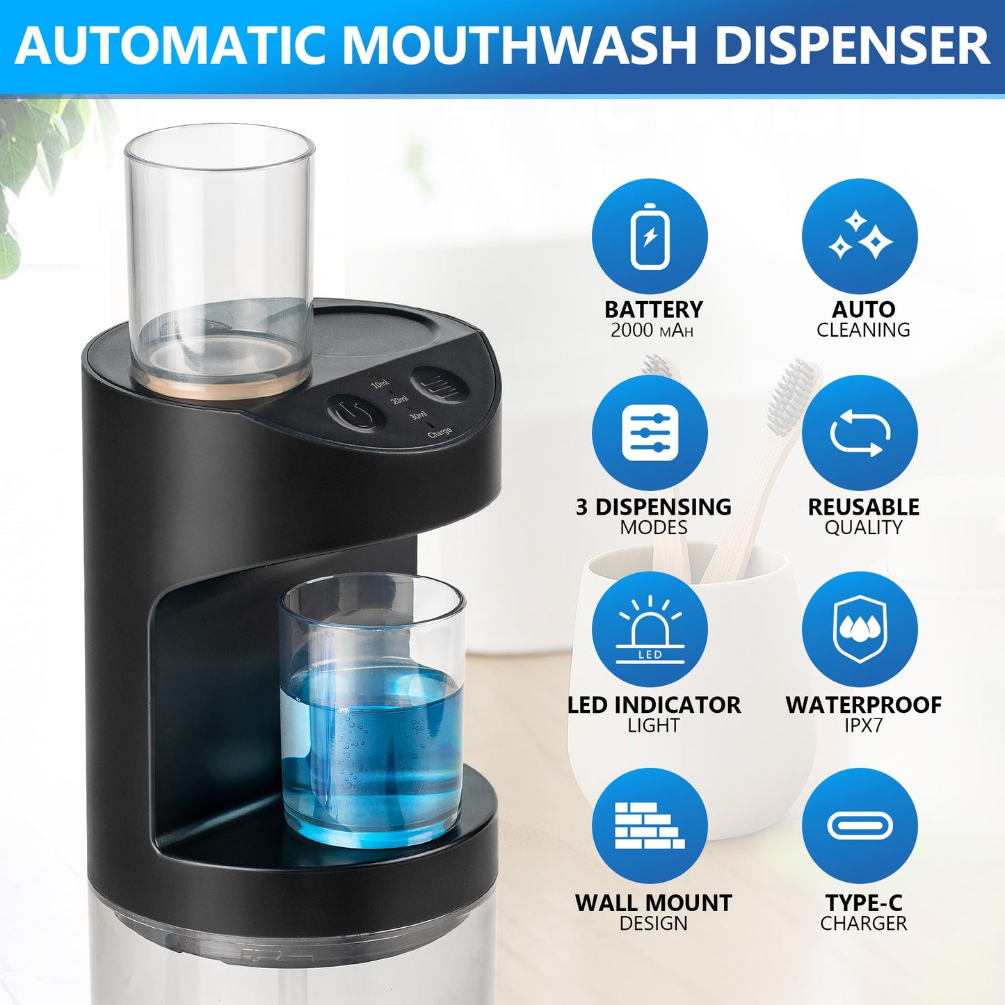 ZOFGENOW Automatic Mouthwash Dispenser for Bathroom,Bathroom Accessories 19.4 Fl Oz Dispensers with Magnetic Cups,Wall Mounted Dispenser,Suitable for All Age Groups,Black