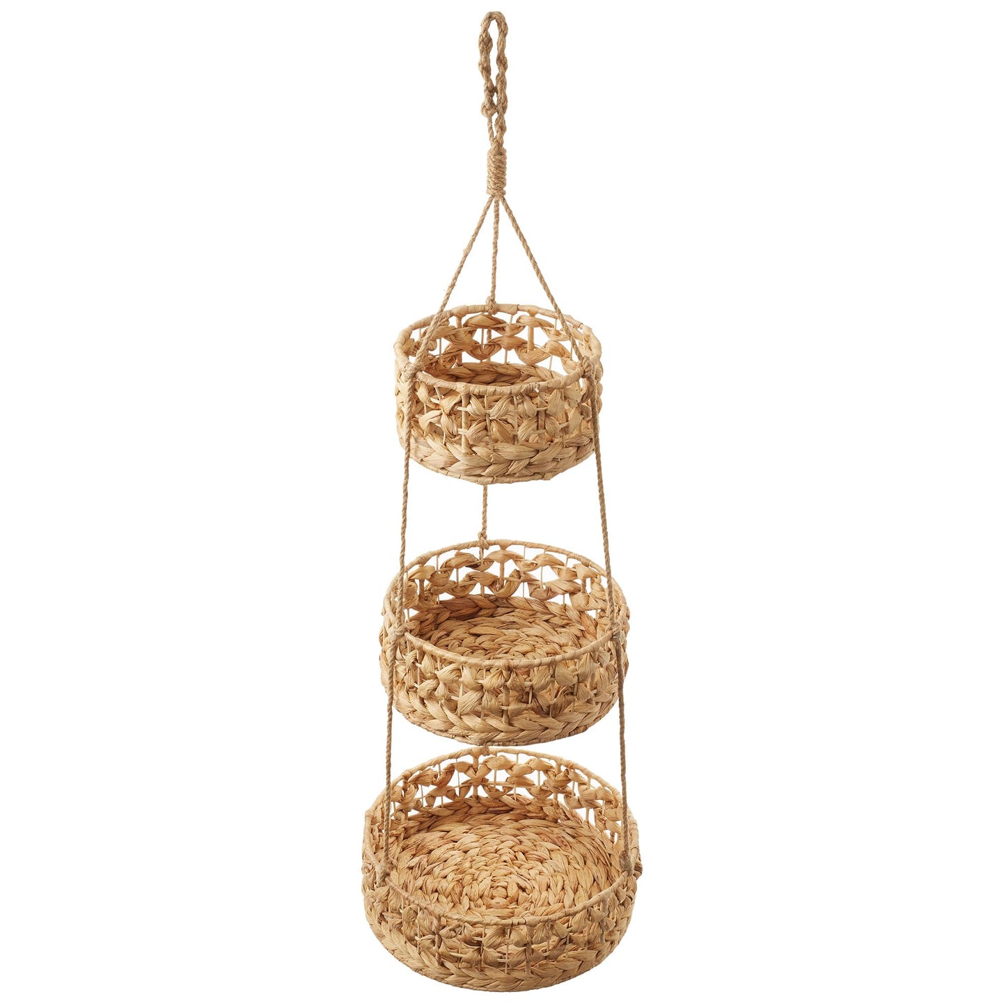 Casafield 3-Tier Hanging Fruit Basket Set, Natural Water Hyacinth Boho Storage Baskets for Vegetables, Herbs, Plants, Kitchen Pantry Storage Organizer