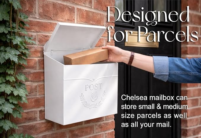 NACH Mailboxes for Outside Wall Mount, 11.5 x 5 x 13 inches, White Mailbox for Door, Waterproof Mailbox for Outside - The Chelsea Mailbox