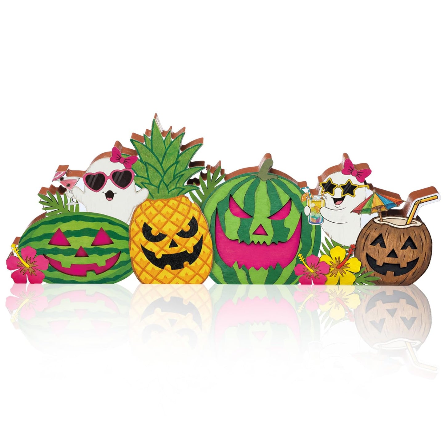 Novabright Summer Halloween Table Decor Wooden Pumpkin Face Tiered Tray Decor Cute Ghost Block Sign Watermelon Pineapple Centerpiece for Summer Halloween Home Kitchen Shelf Party Decoration Gift