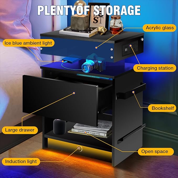 Nightstand with Induction Light & Side Charging Station, Modern Bedside Table