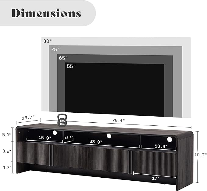 AMERLIFE 70" Modern TV Stand for TVs up to 80", Fluted Wood Entertainment Center