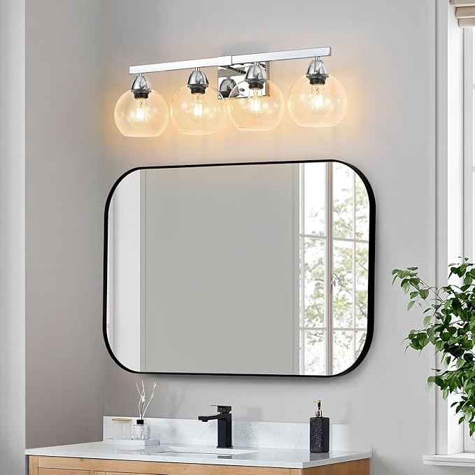 4-Light Bathroom Vanity Light, Silver Wall Sconce with Premium Hand-Crafted Glass, Shatter-Resistant & Enhanced Clarity, Perfect for Mirror, Living Room, Hallway